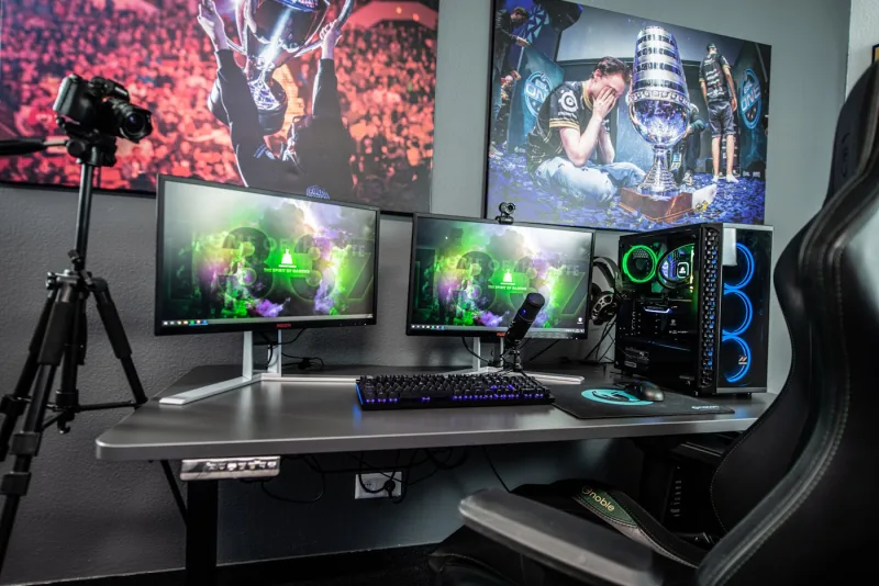 Gaming battle-station — desk, PC & dual monitors